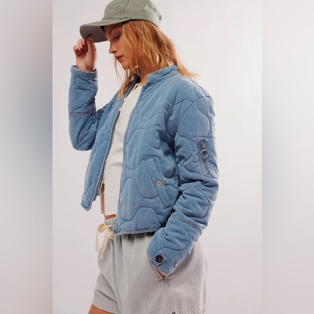 Free People Sky Blue Quilted Bomber Jacket